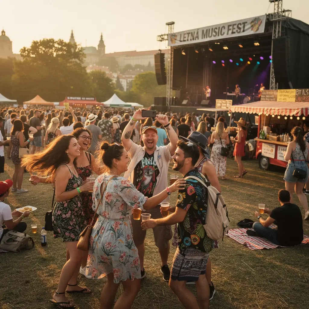 Zimní pohled na zasněžený Karlštejn s návštěvníky obdivujícími hrad.